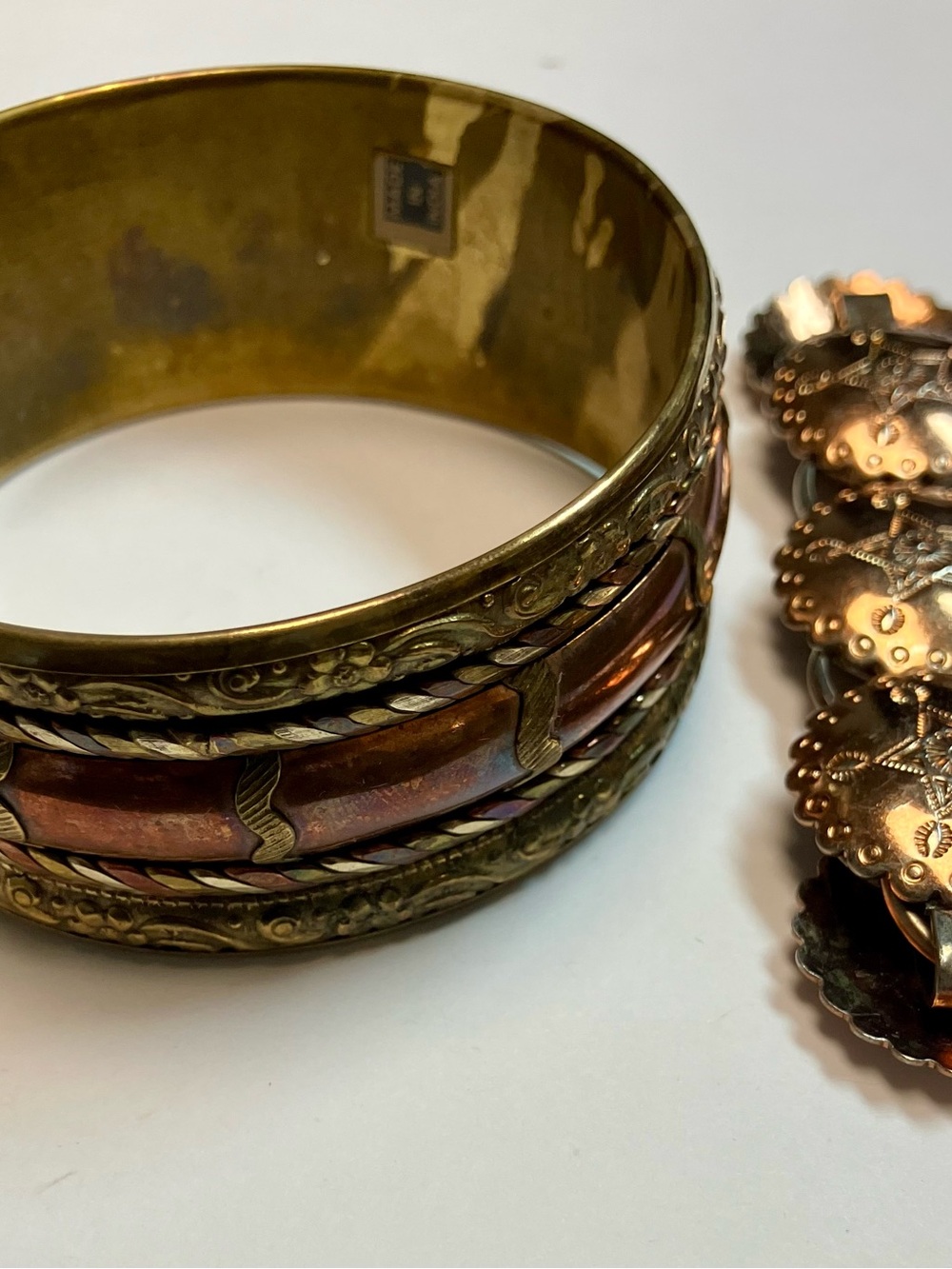 Mixed Metal Wide Inlay Bangle Bracelet - Gold and Copper Tones